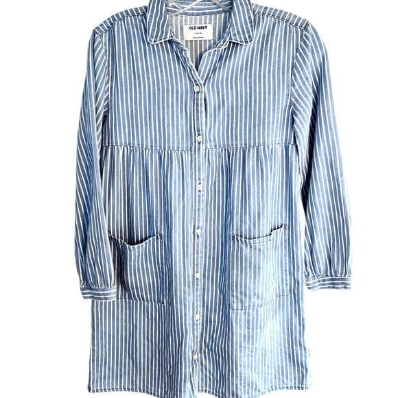 Old Navy Girls Dress 10 12 Blue Stripe Childs Large L Button Up Kids Teens - Picture 1 of 8